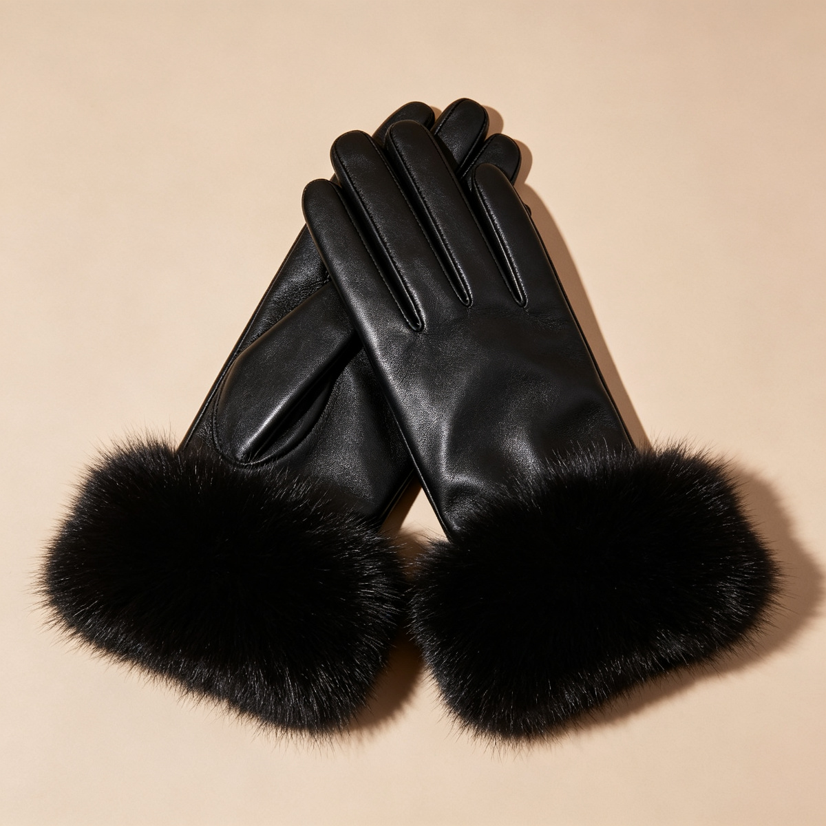 Black Leather Gloves with Fox Cuff
