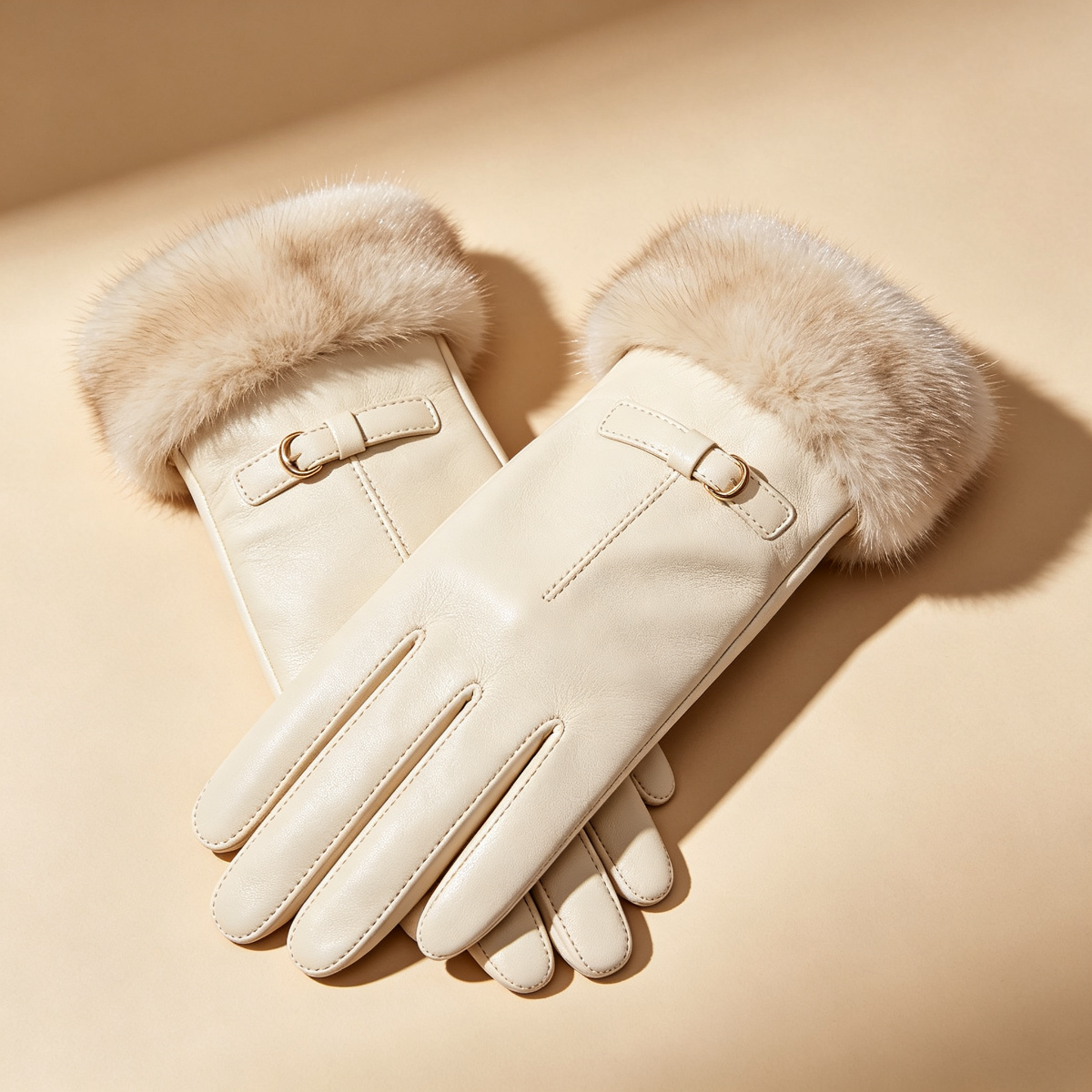 White Leather Gloves with Mink Cuff