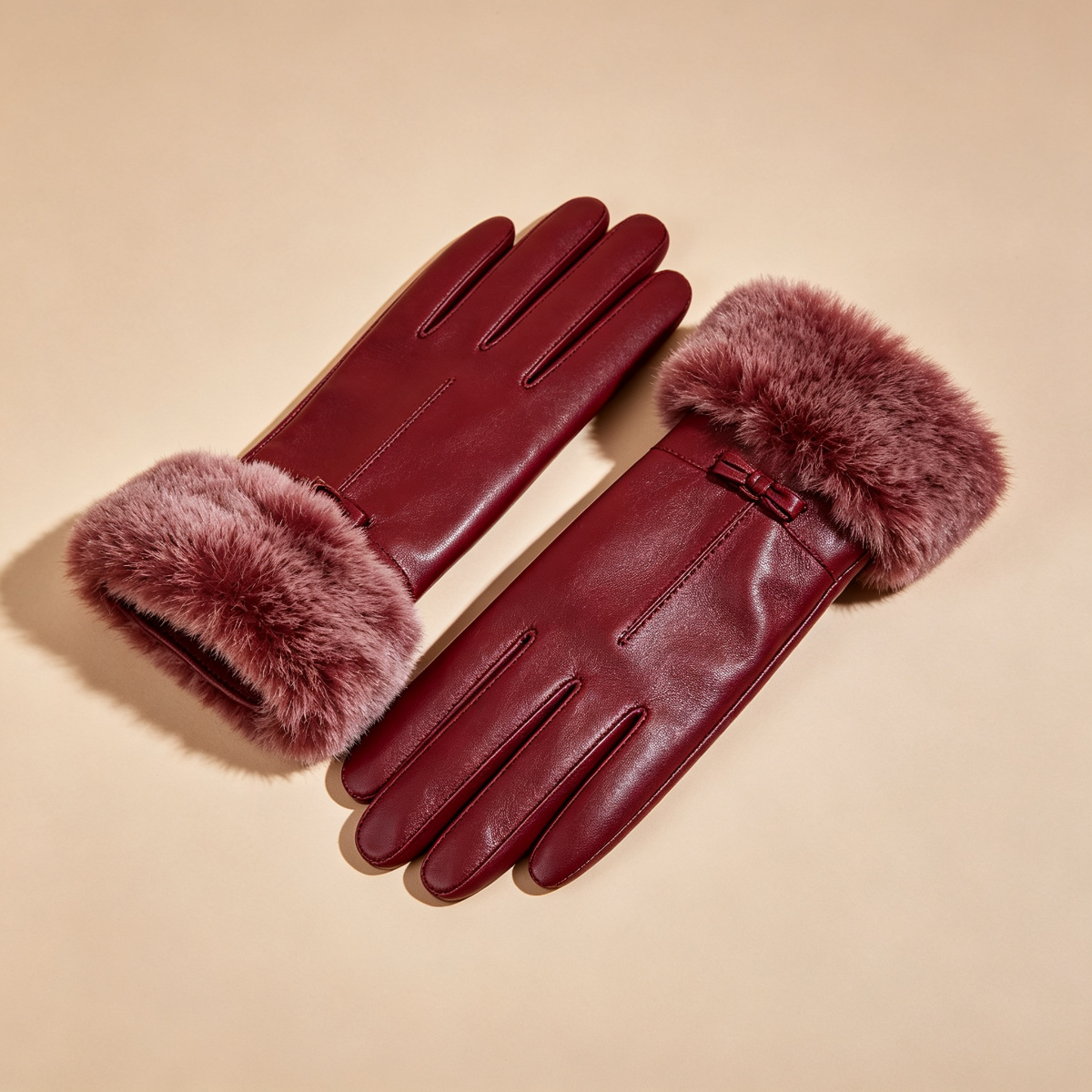 Burgundy Leather Gloves with Rabbit Cuff