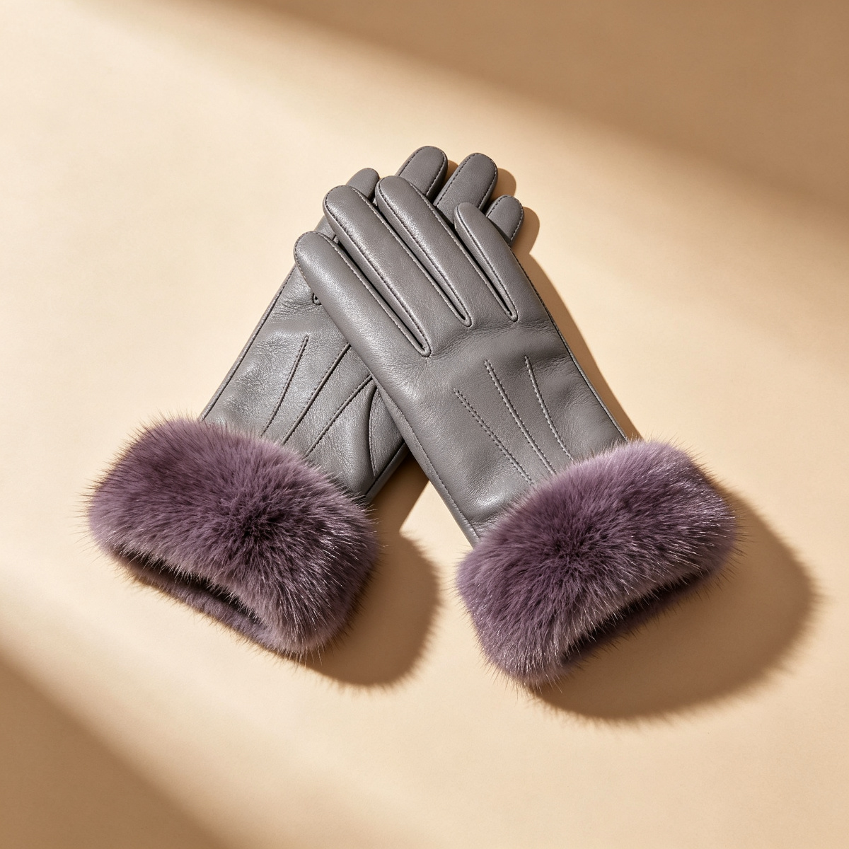 Gray Leather Gloves with Mink Cuff