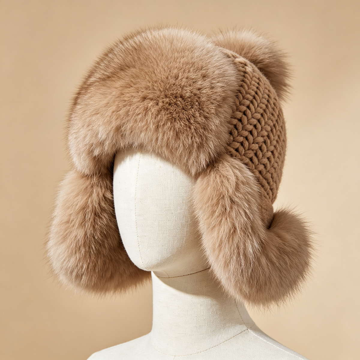 Mink Knit Hat with Fox Trim
