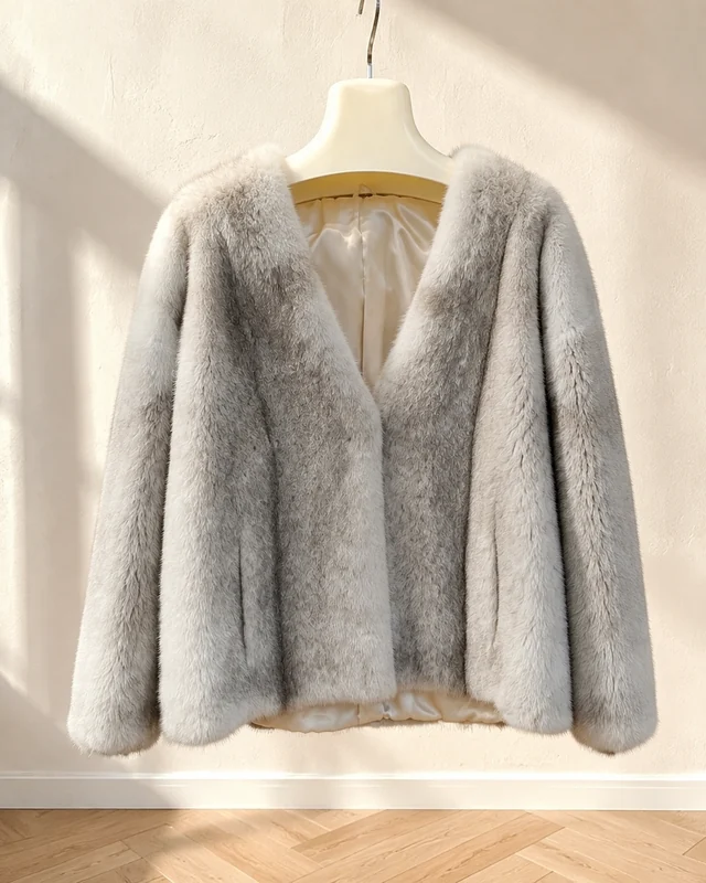 Silver V-Neck Jacket design reference for custom fur garment development