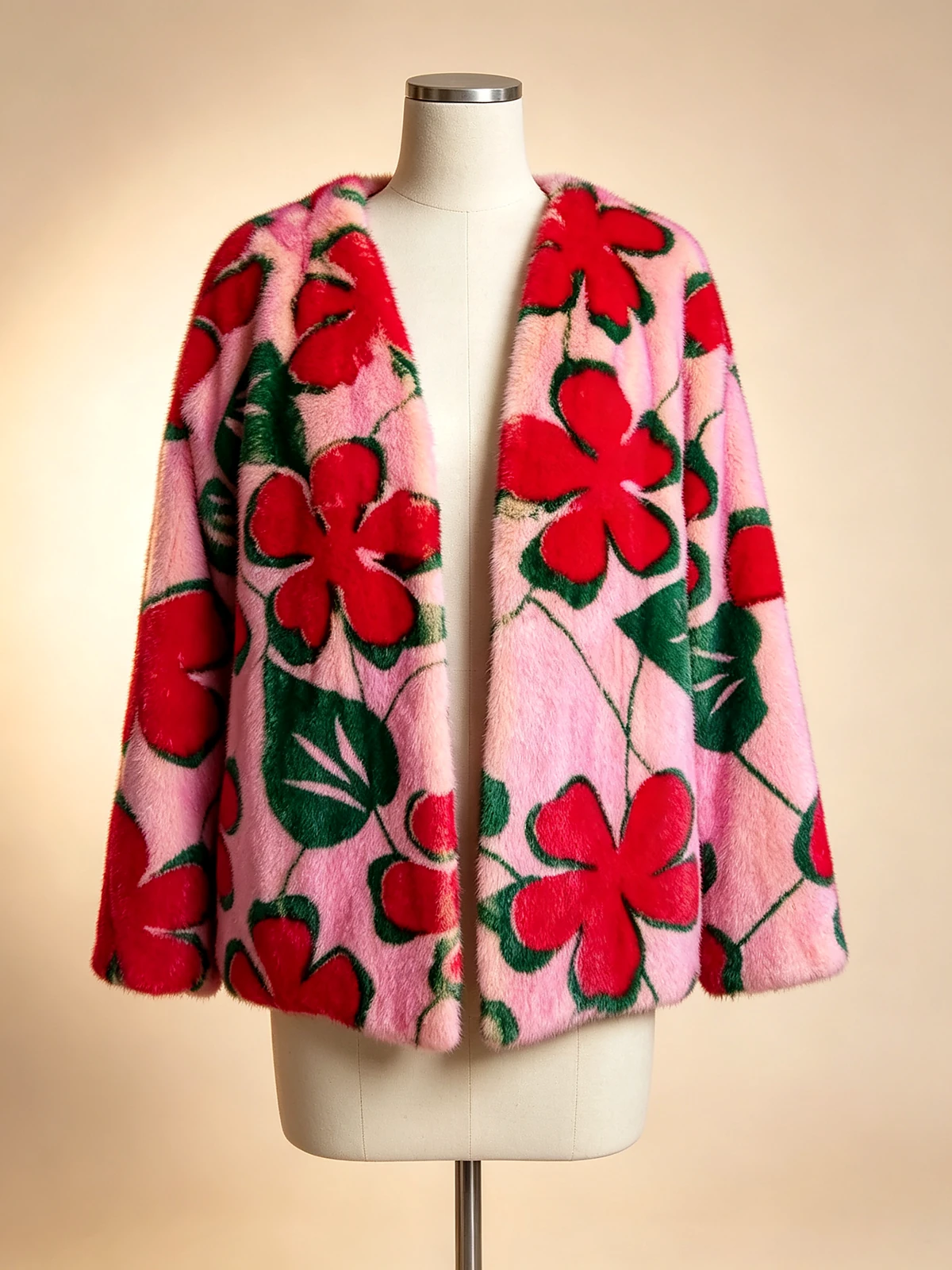 Pink Red-Blossom Open-Front Jacket — model LH-PF-2604
