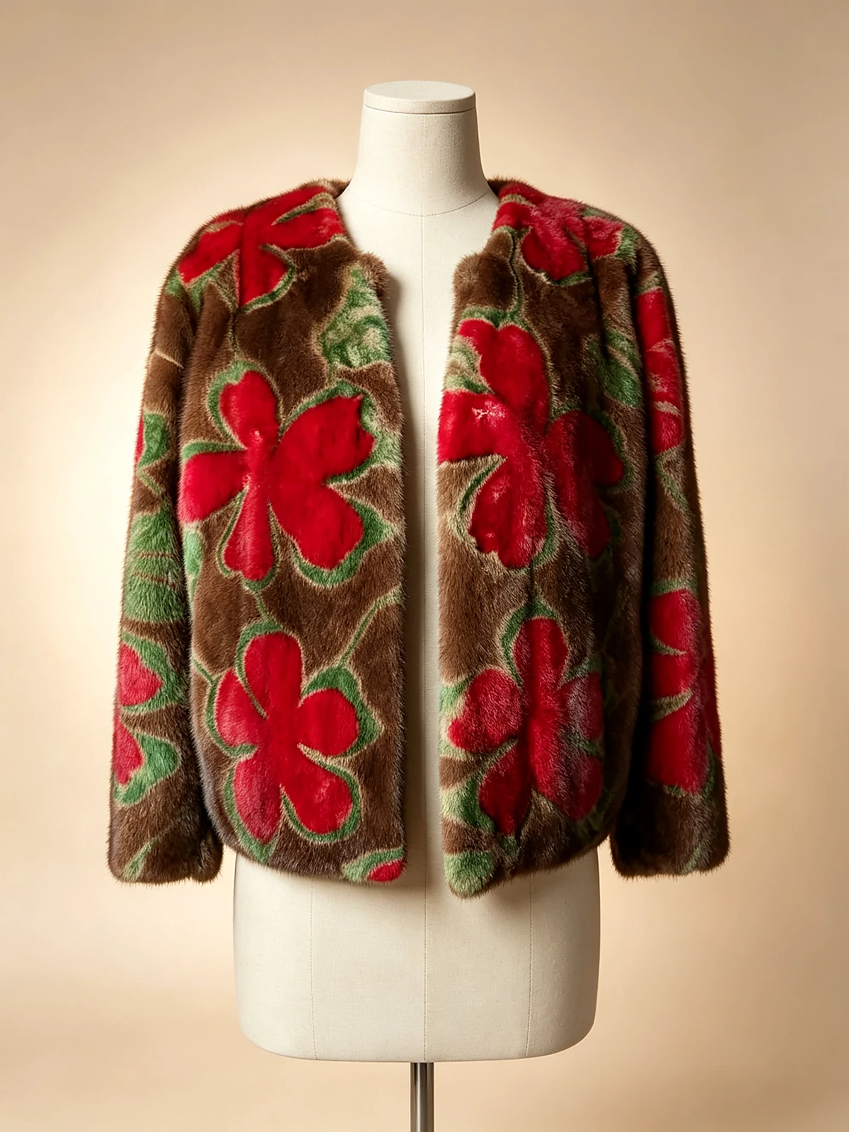 Cocoa Red-Blossom Open-Front Jacket — model LH-PF-2606